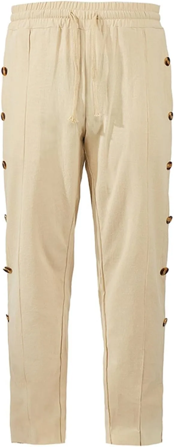 Mens Loose Side Button Pants Casual Straight Leg Elastic HIgh Waist Linen Trousers Breathable Summer Beach Yoga Pants