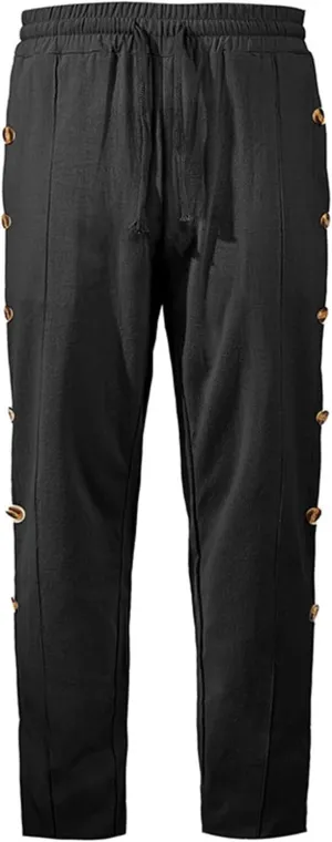 Mens Loose Side Button Pants Casual Straight Leg Elastic HIgh Waist Linen Trousers Breathable Summer Beach Yoga Pants