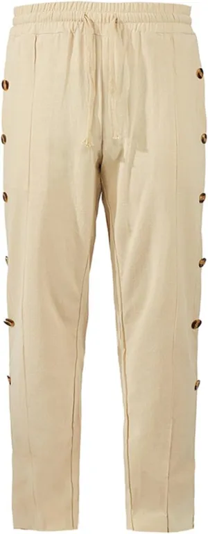 Mens Loose Side Button Pants Casual Straight Leg Elastic HIgh Waist Linen Trousers Breathable Summer Beach Yoga Pants