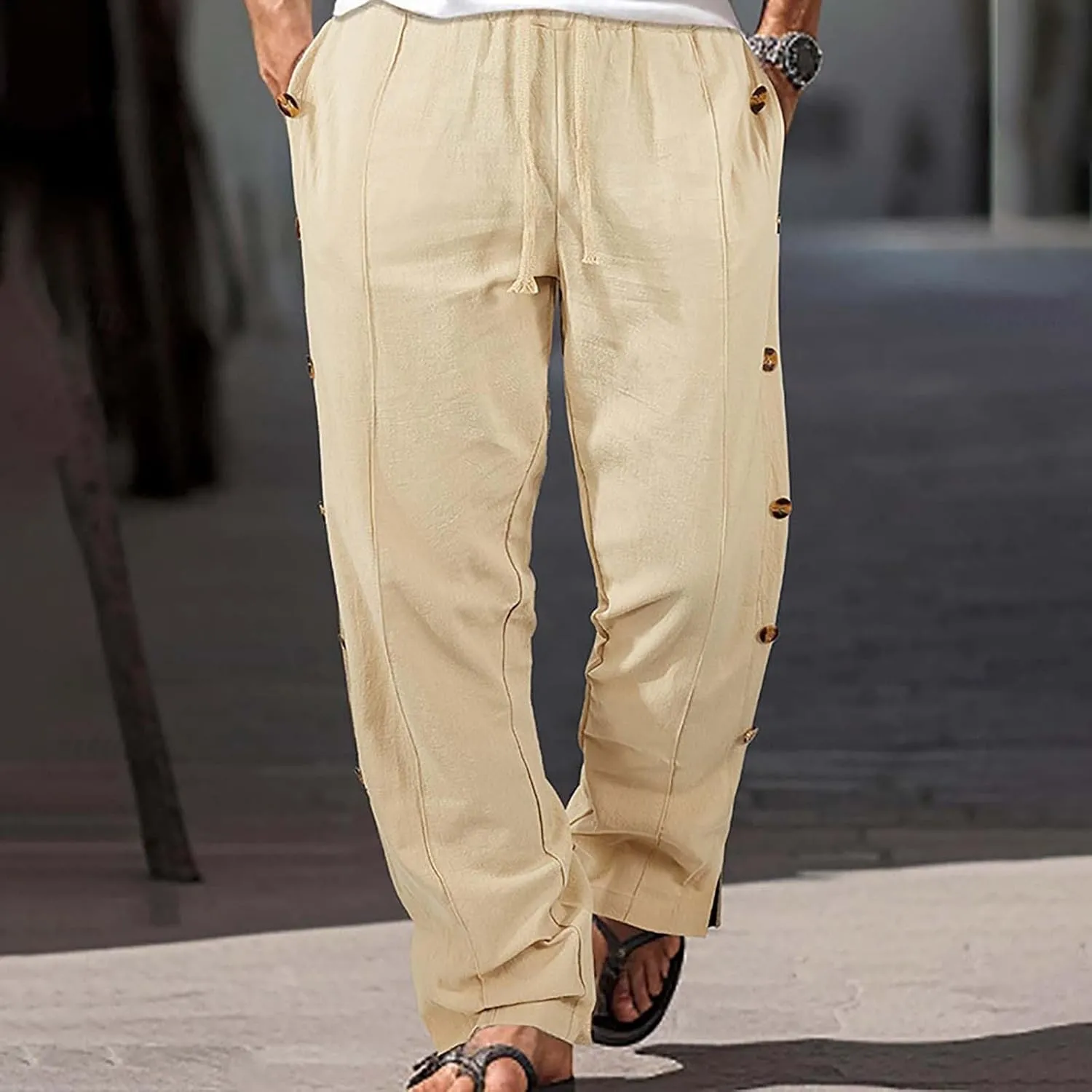 Mens Loose Side Button Pants Casual Straight Leg Elastic HIgh Waist Linen Trousers Breathable Summer Beach Yoga Pants