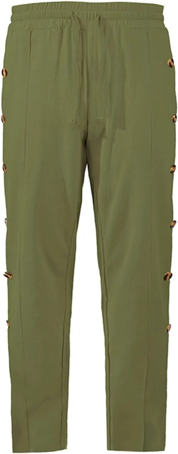 Mens Loose Side Button Pants Casual Straight Leg Elastic HIgh Waist Linen Trousers Breathable Summer Beach Yoga Pants