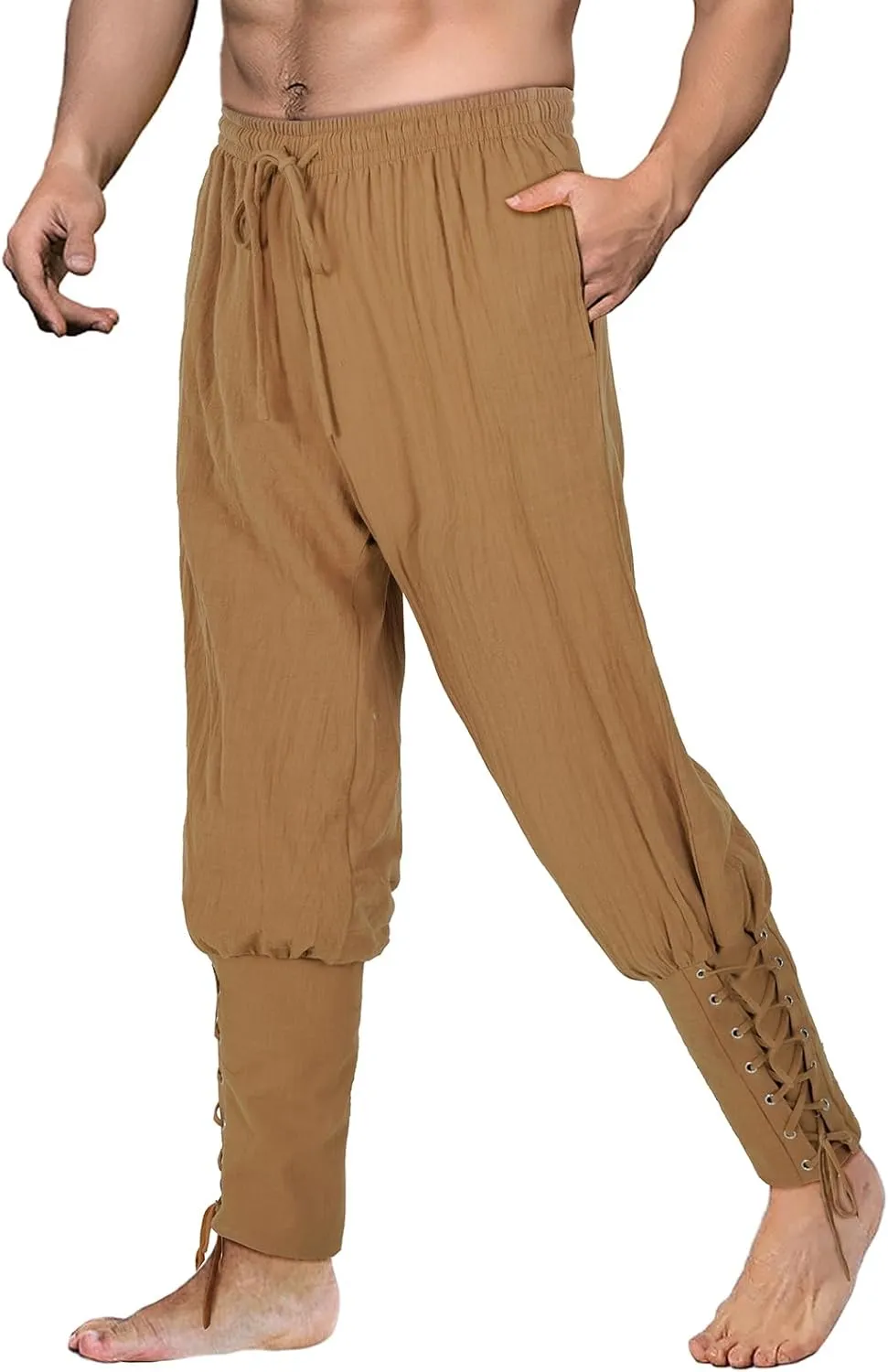 Men's Pirate Pants Renaissance Medieval Viking Pants Linen Ankle Banded Trousers Halloween Costume