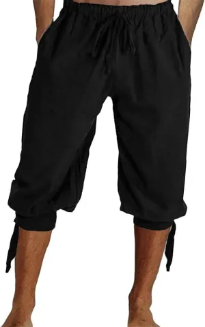 Mens Pirate Shorts Halloween Medieval Renaissance Banded Pants Viking Knicker Colonial Linen Costume