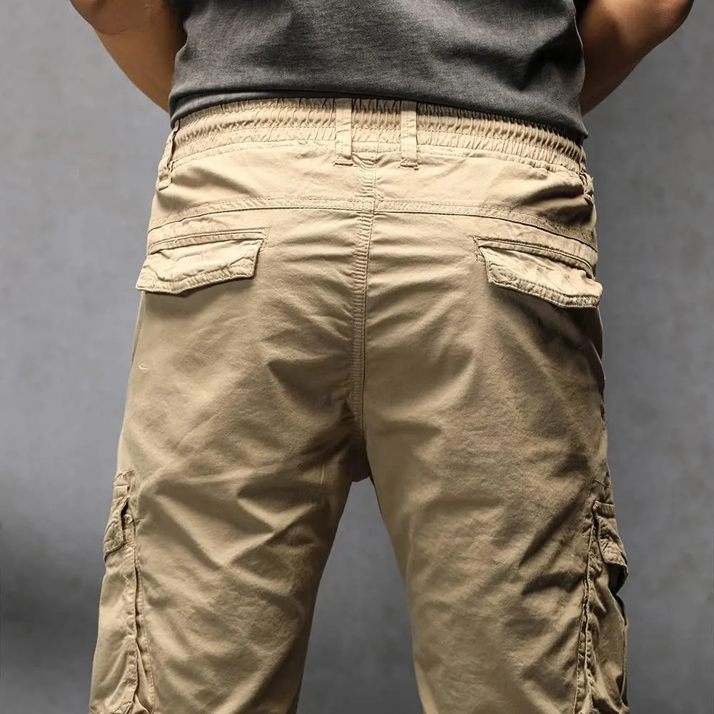 Men's Regular Fit Military Cargo Pants Drawstring Cotton Multi Pockets Work Trousers