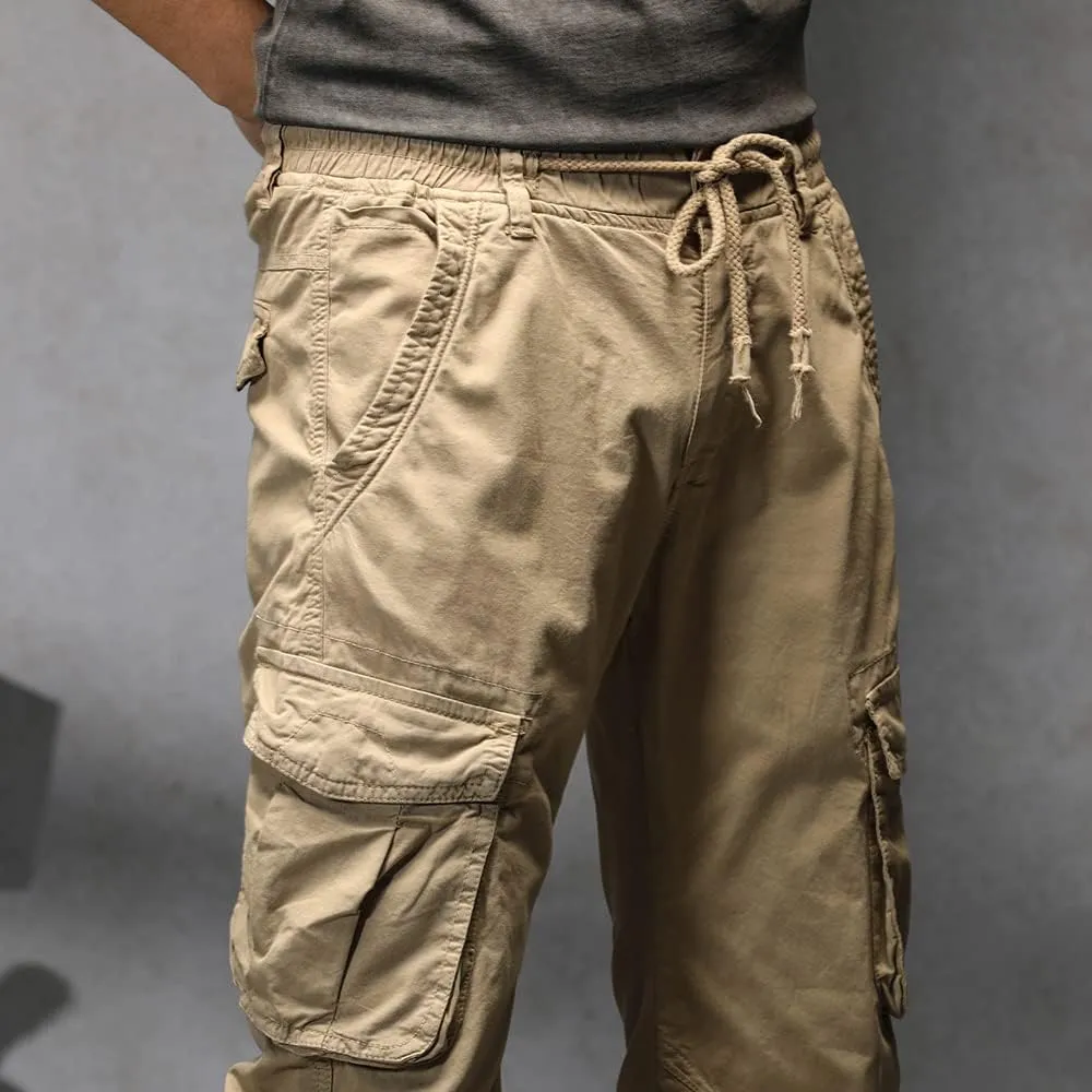 Men's Regular Fit Military Cargo Pants Drawstring Cotton Multi Pockets Work Trousers