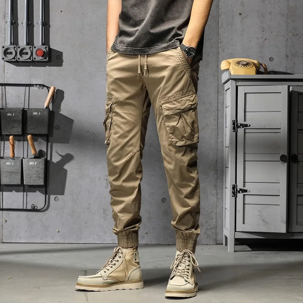 Men's Regular Fit Military Cargo Pants Drawstring Cotton Multi Pockets Work Trousers
