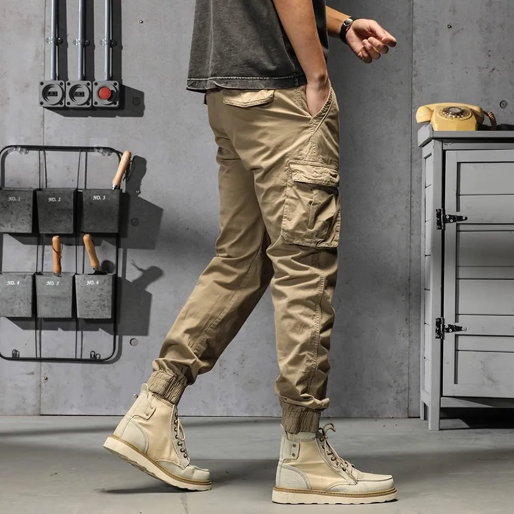 Men's Regular Fit Military Cargo Pants Drawstring Cotton Multi Pockets Work Trousers