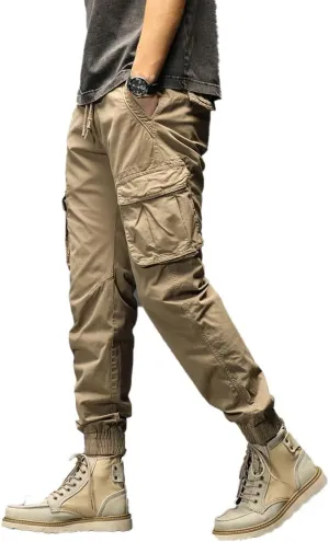 Men's Regular Fit Military Cargo Pants Drawstring Cotton Multi Pockets Work Trousers