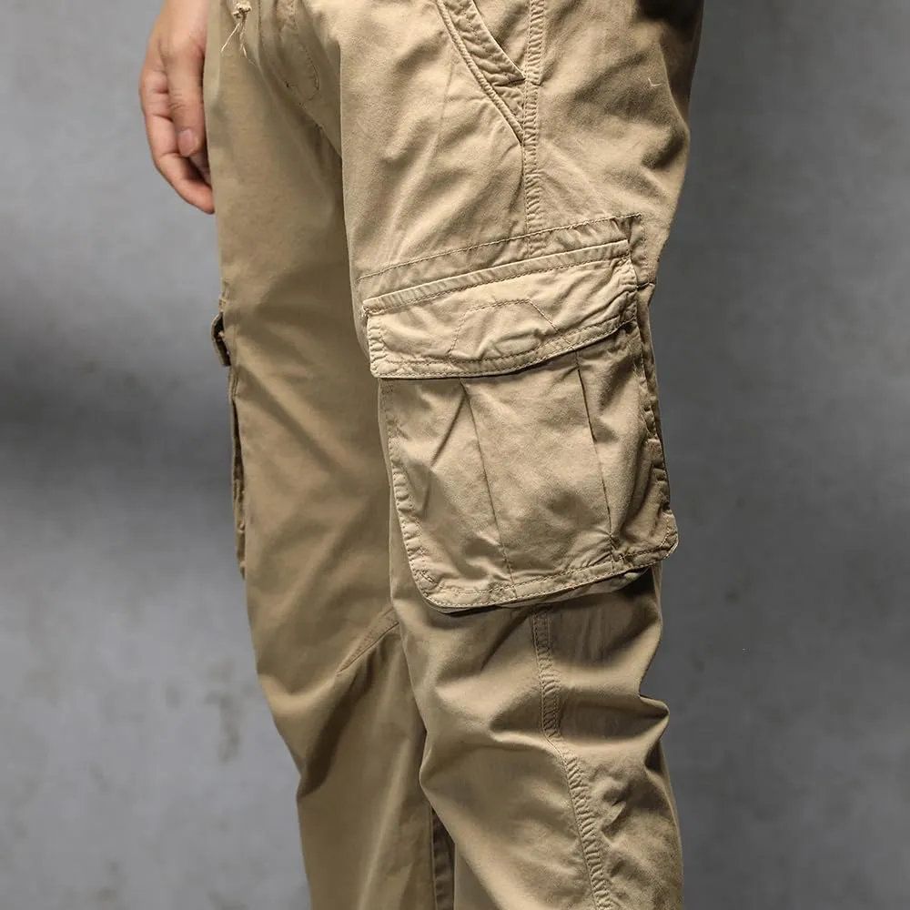 Men's Regular Fit Military Cargo Pants Drawstring Cotton Multi Pockets Work Trousers