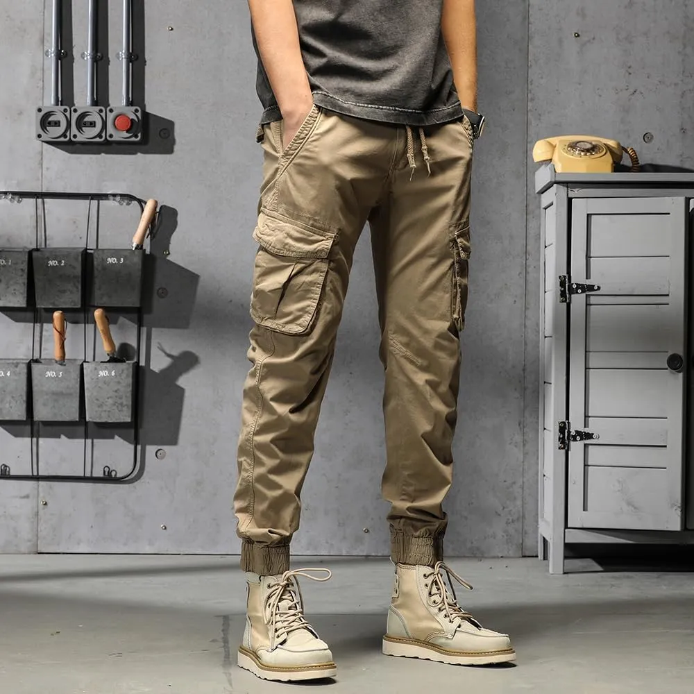 Men's Regular Fit Military Cargo Pants Drawstring Cotton Multi Pockets Work Trousers