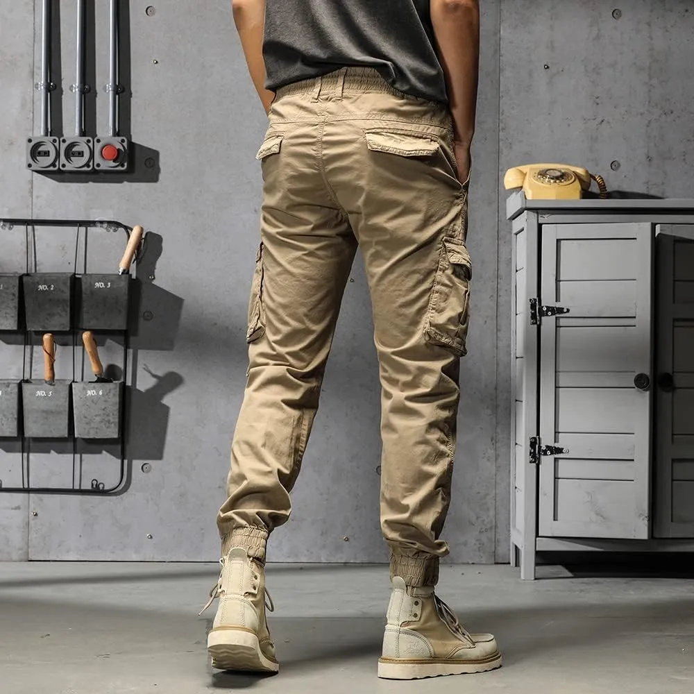 Men's Regular Fit Military Cargo Pants Drawstring Cotton Multi Pockets Work Trousers