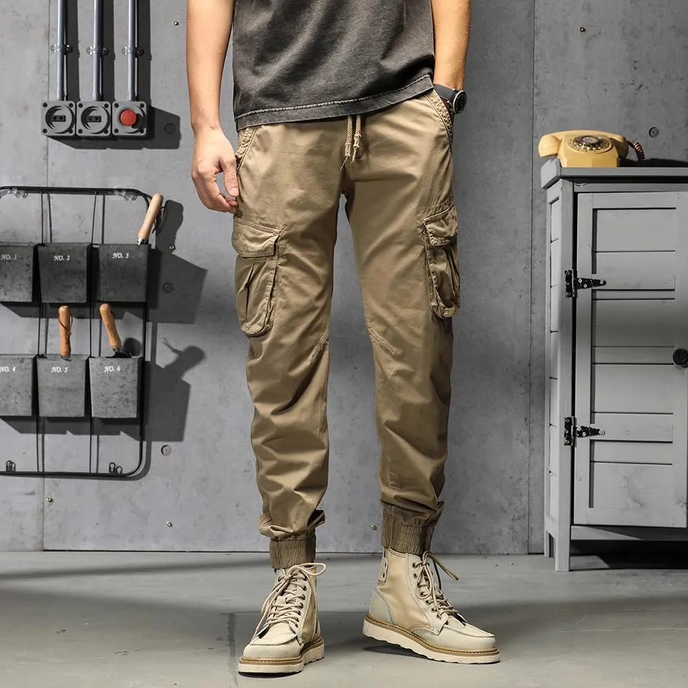 Men's Regular Fit Military Cargo Pants Drawstring Cotton Multi Pockets Work Trousers