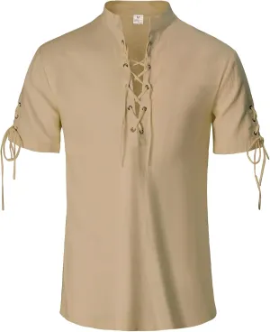 Mens Renaissance Shirt Pirate Medieval Viking Steampunk Top Lace Up V Neck Linen Short Sleeve Halloween Costume