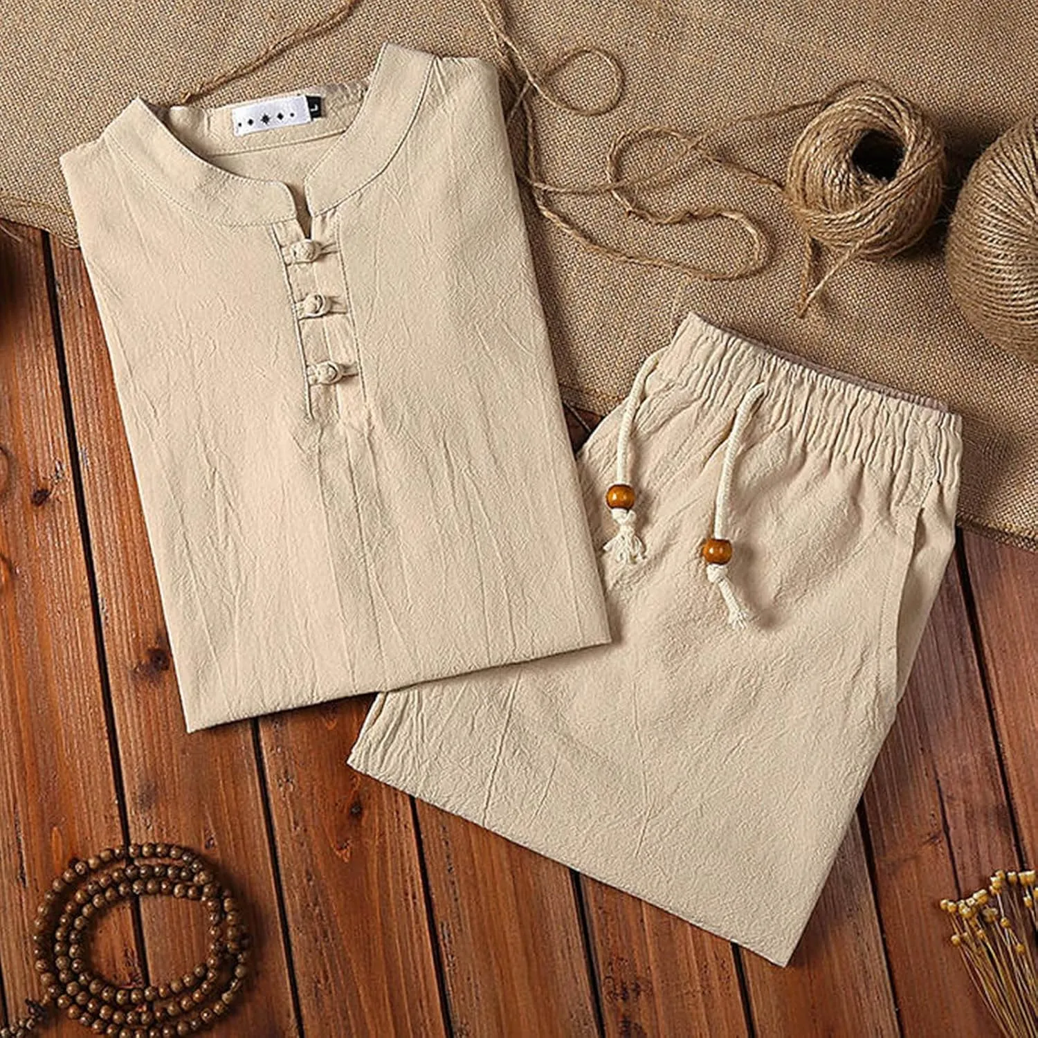 Men's Short Sleeve Tracksuit Vintage Fashion Chinese Buckle T-Shirts and Drawstring Shorts Cotton Linen Beach Outfits
