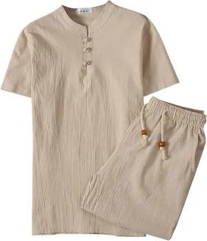 Men's Short Sleeve Tracksuit Vintage Fashion Chinese Buckle T-Shirts and Drawstring Shorts Cotton Linen Beach Outfits