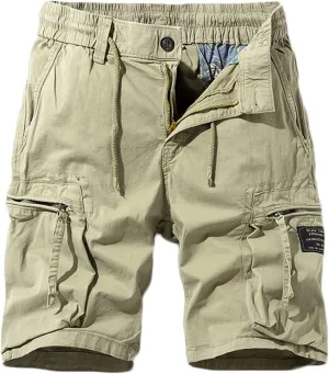 Mens Stretch Shorts Classic Fit Cotton Drawstring Multi Pockets Solid Cargo Shorts Fashion Work Tooling Shorts