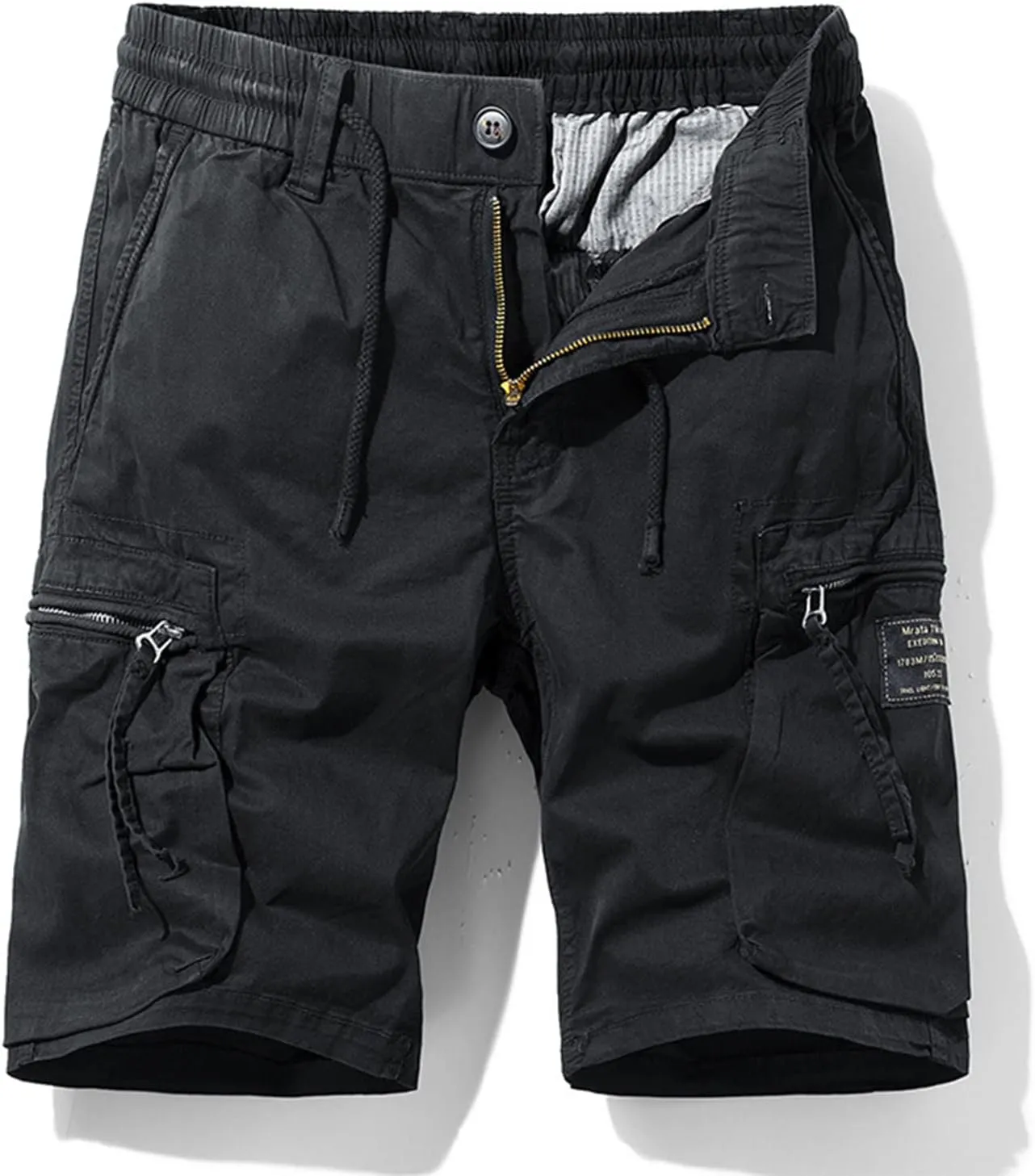 Mens Stretch Shorts Classic Fit Cotton Drawstring Multi Pockets Solid Cargo Shorts Fashion Work Tooling Shorts