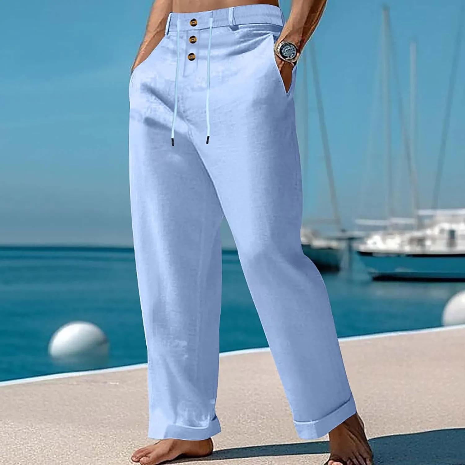 Mens Summer Beach Linen Pants Drawstring Elastic Waist Button Down Casual Trousers Lightweight Loose Fit Yoga Pants