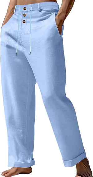 Mens Summer Beach Linen Pants Drawstring Elastic Waist Button Down Casual Trousers Lightweight Loose Fit Yoga Pants