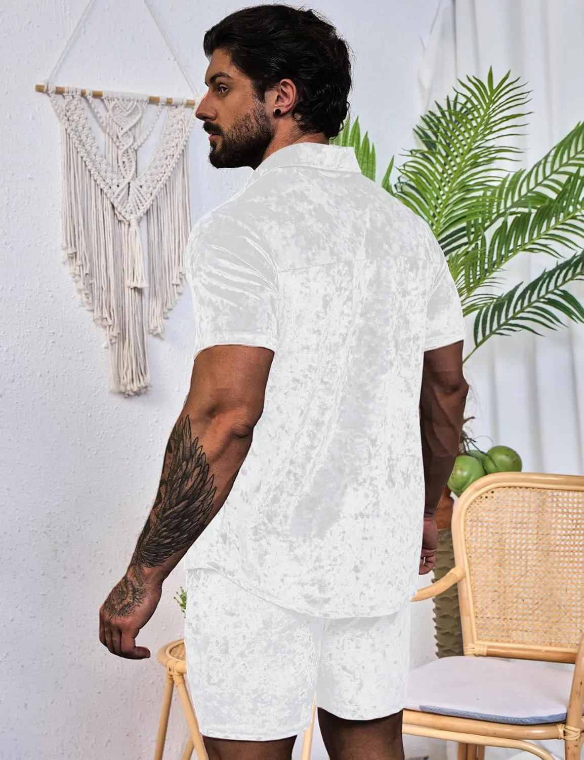 Mens Tracksuit Diamond Velvet Shirts and Shorts Set Fashion Casual 2 Piece Outfits for Men