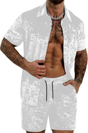Mens Tracksuit Diamond Velvet Shirts and Shorts Set Fashion Casual 2 Piece Outfits for Men