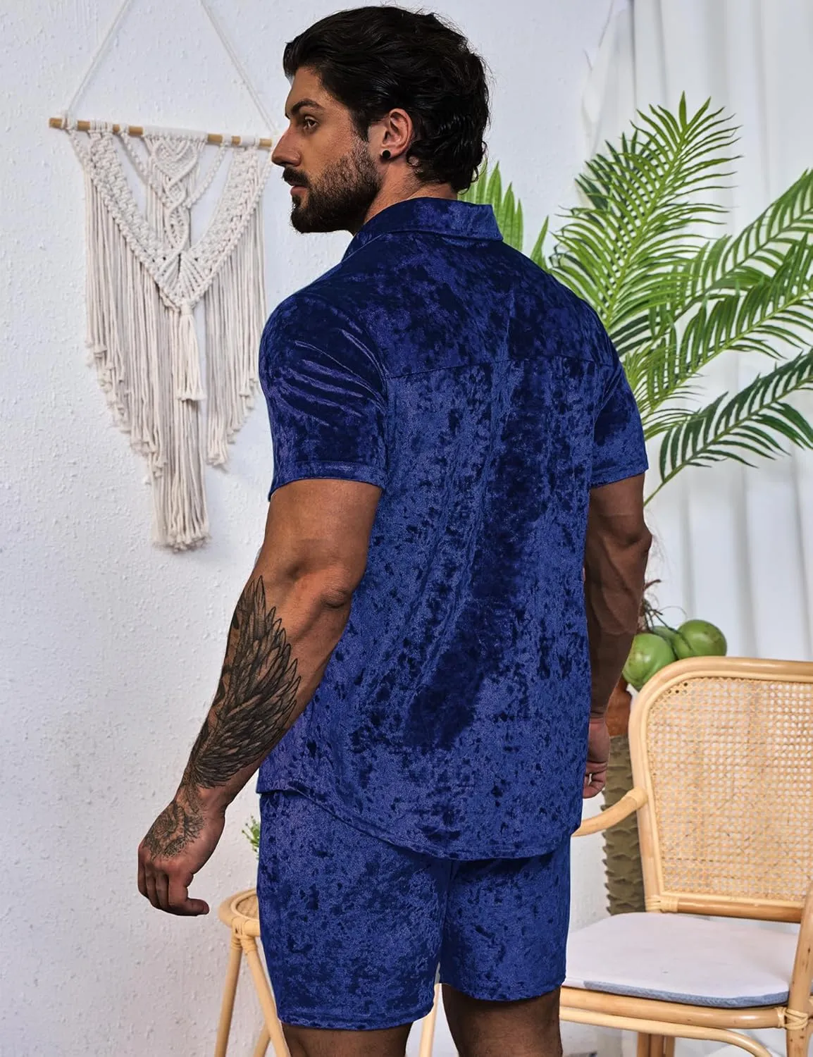 Mens Tracksuit Diamond Velvet Shirts and Shorts Set Fashion Casual 2 Piece Outfits for Men