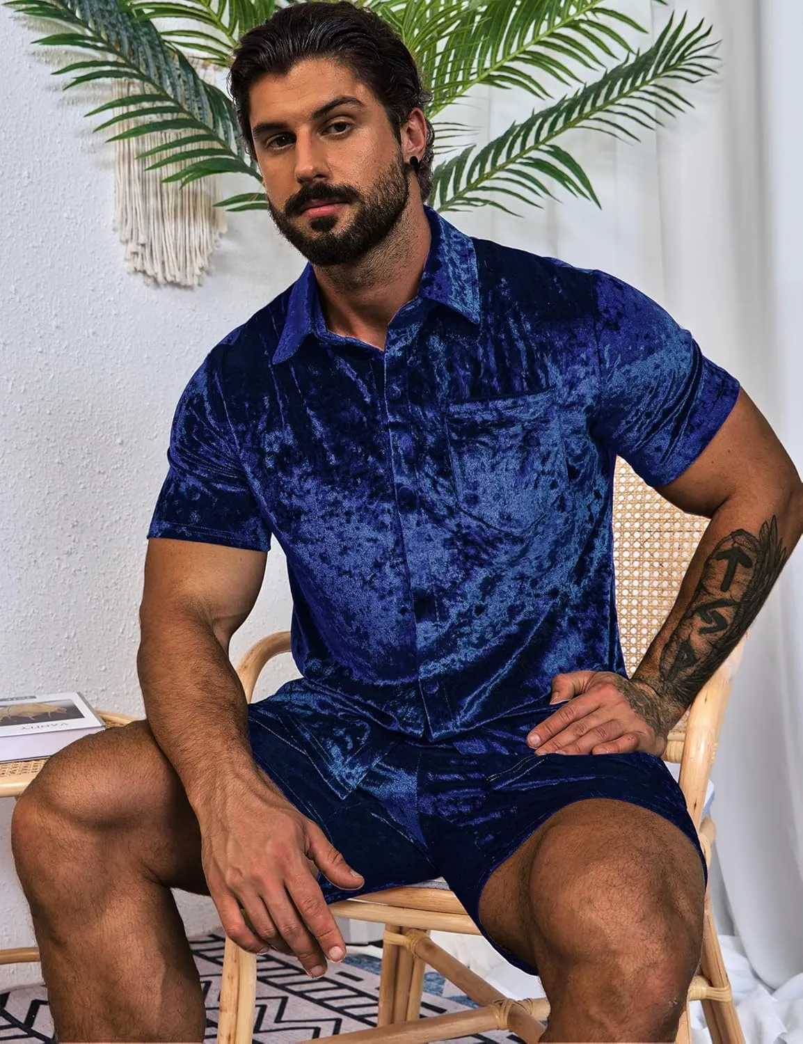 Mens Tracksuit Diamond Velvet Shirts and Shorts Set Fashion Casual 2 Piece Outfits for Men