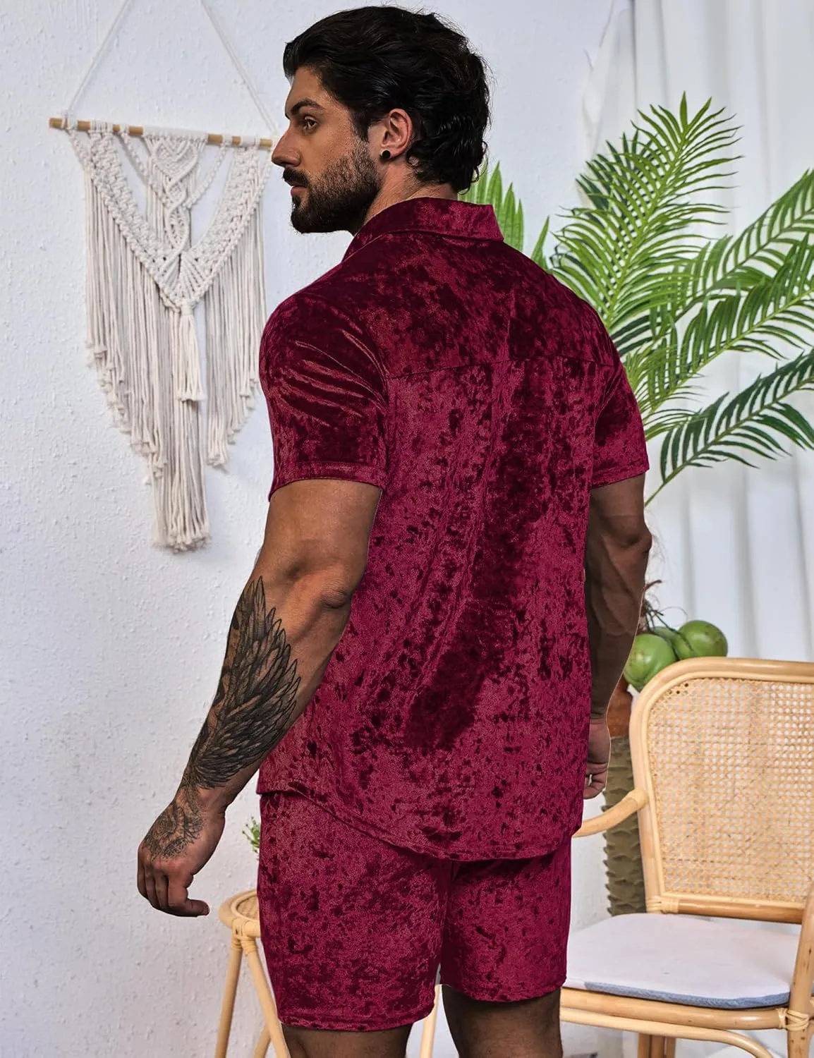 Mens Tracksuit Diamond Velvet Shirts and Shorts Set Fashion Casual 2 Piece Outfits for Men
