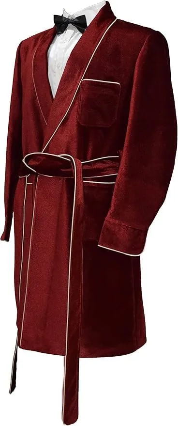 Men's Velvet Smoking Robe, Burgundy with White Piping, Shawl Collar