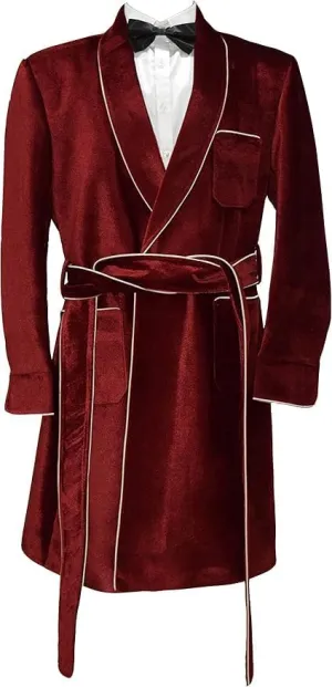 Men's Velvet Smoking Robe, Burgundy with White Piping, Shawl Collar