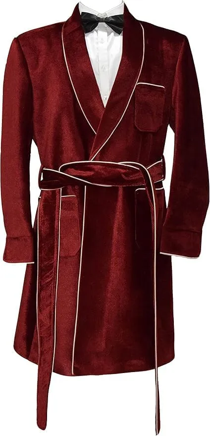 Men's Velvet Smoking Robe, Burgundy with White Piping, Shawl Collar