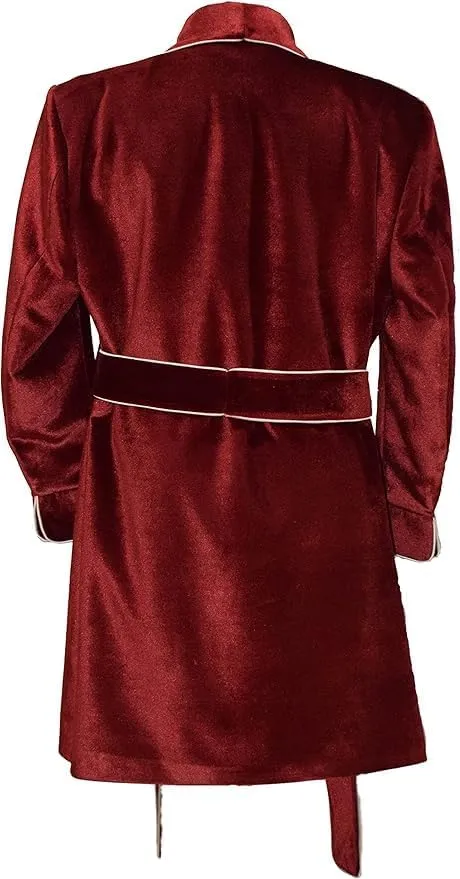 Men's Velvet Smoking Robe, Burgundy with White Piping, Shawl Collar