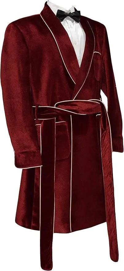 Men's Velvet Smoking Robe, Burgundy with White Piping, Shawl Collar