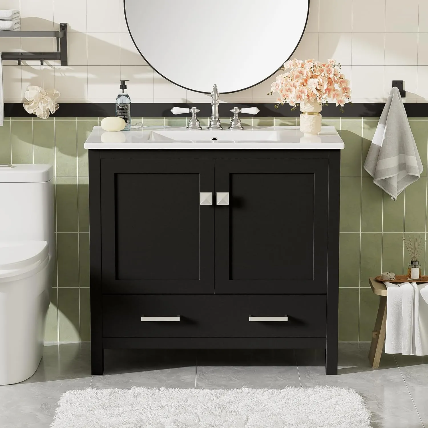 Merax 36" Bathroom Vanity with Ceramic Sink, Soft-Close Doors, Double Storage Shelves and Divided Drawer – Modern Bathroom Cabinet with Ample Storage, Black