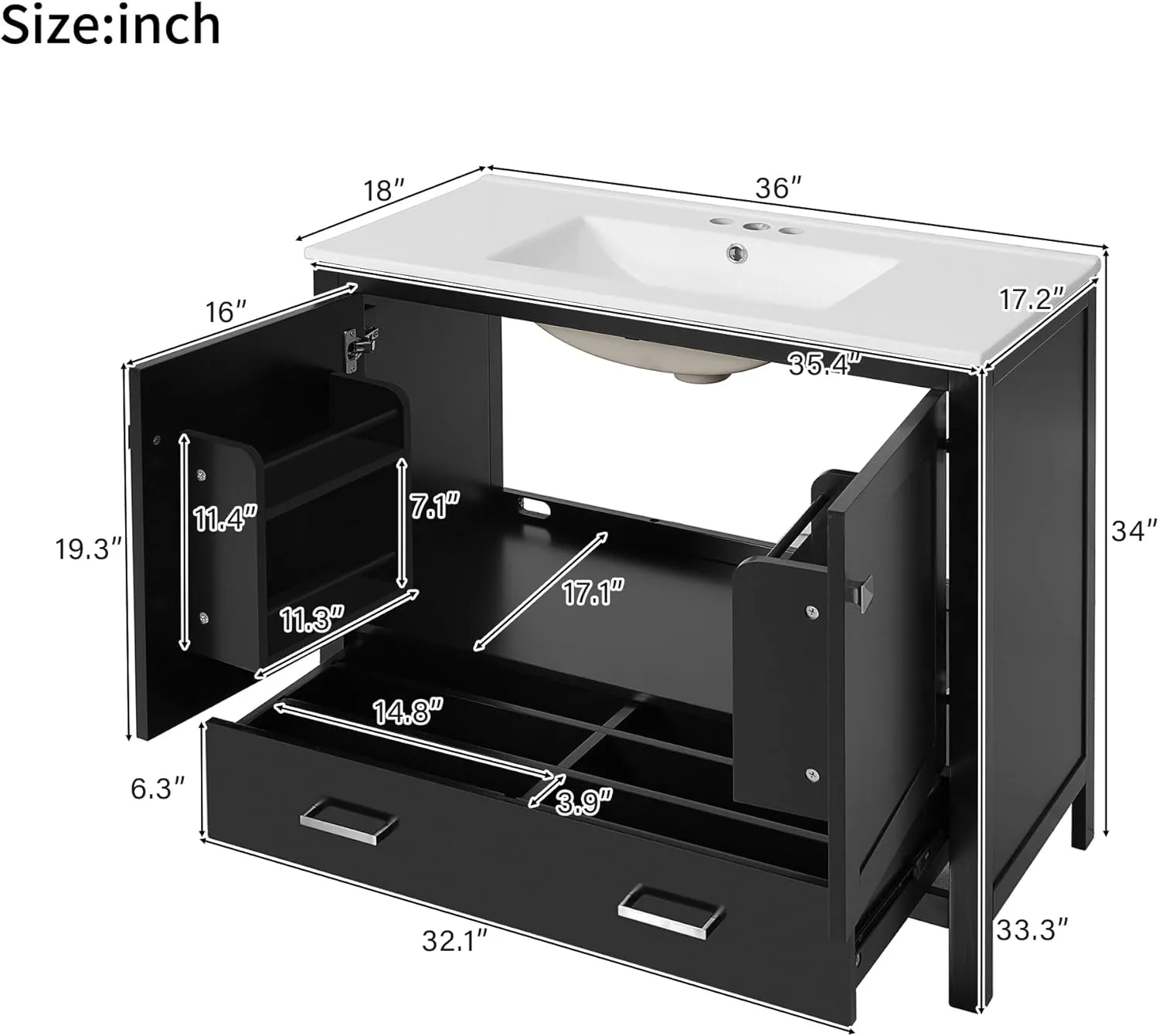 Merax 36" Bathroom Vanity with Ceramic Sink, Soft-Close Doors, Double Storage Shelves and Divided Drawer – Modern Bathroom Cabinet with Ample Storage, Black