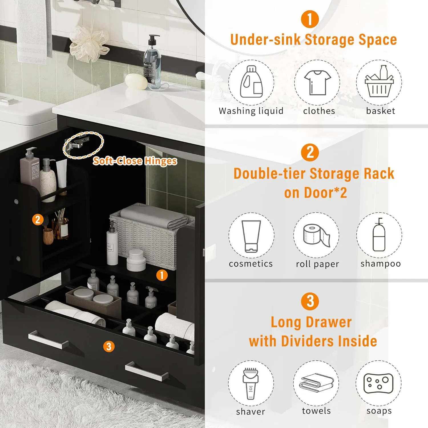 Merax 36" Bathroom Vanity with Ceramic Sink, Soft-Close Doors, Double Storage Shelves and Divided Drawer – Modern Bathroom Cabinet with Ample Storage, Black