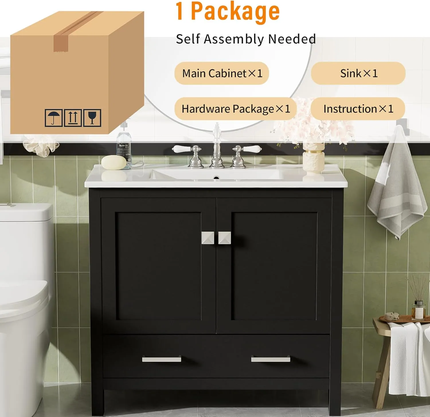 Merax 36" Bathroom Vanity with Ceramic Sink, Soft-Close Doors, Double Storage Shelves and Divided Drawer – Modern Bathroom Cabinet with Ample Storage, Black