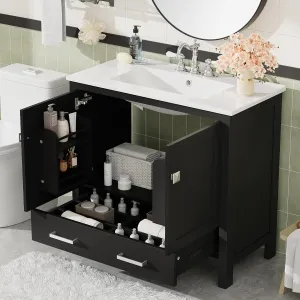 Merax 36" Bathroom Vanity with Ceramic Sink, Soft-Close Doors, Double Storage Shelves and Divided Drawer – Modern Bathroom Cabinet with Ample Storage, Black