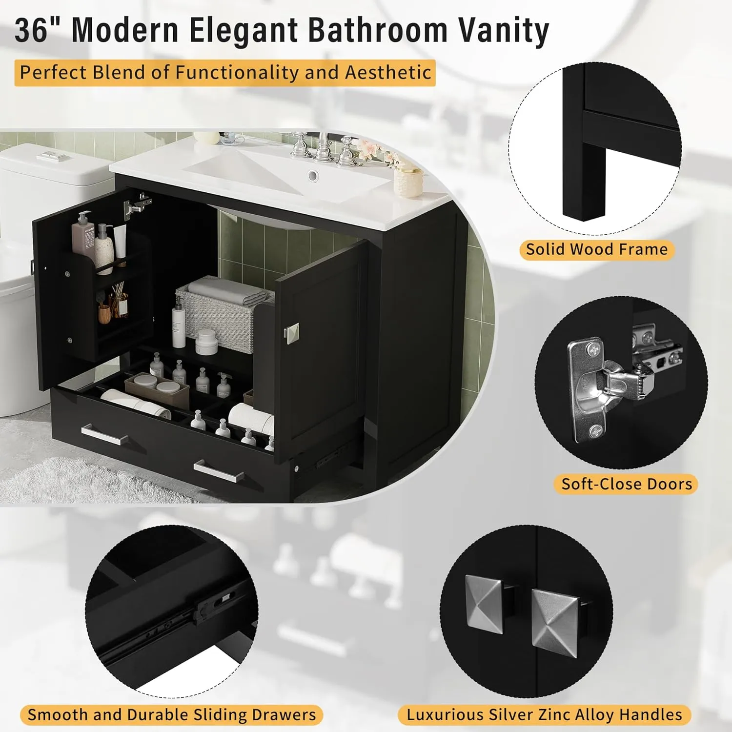 Merax 36" Bathroom Vanity with Ceramic Sink, Soft-Close Doors, Double Storage Shelves and Divided Drawer – Modern Bathroom Cabinet with Ample Storage, Black