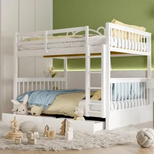 Merax Wood Bunk Bed with Drawers,Convertible Bunk Bed with Ladders and Two Storage Drawers,Solid Wood Detachable Bed Frame with Ladders,Full Over Full,White