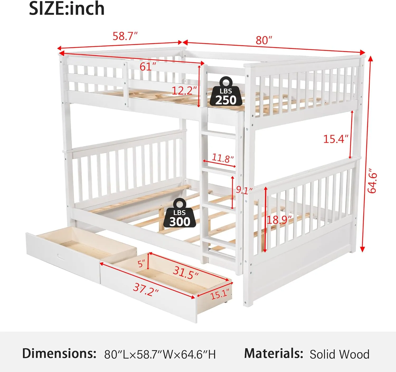 Merax Wood Bunk Bed with Drawers,Convertible Bunk Bed with Ladders and Two Storage Drawers,Solid Wood Detachable Bed Frame with Ladders,Full Over Full,White