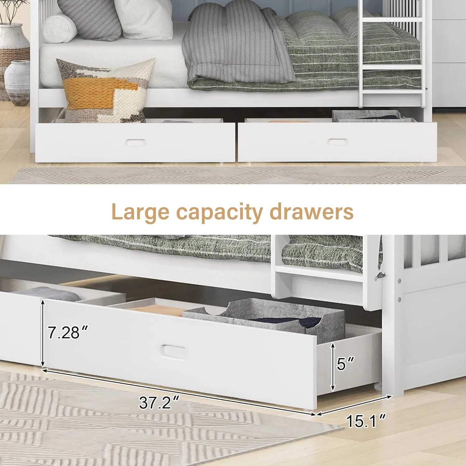 Merax Wood Bunk Bed with Drawers,Convertible Bunk Bed with Ladders and Two Storage Drawers,Solid Wood Detachable Bed Frame with Ladders,Full Over Full,White