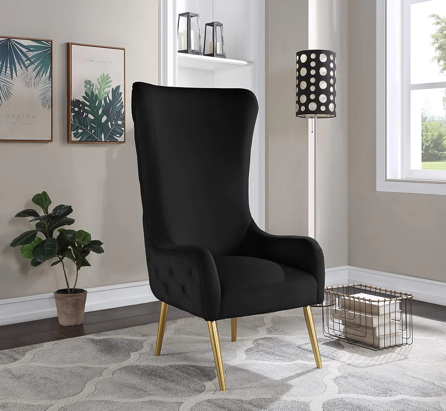 Meridian Furniture 536Black Alexander Collection Modern | Contemporary Velvet Upholstered Accent Chair with Sturdy Gold Metal Legs and Deep Button Tufting on Back, 27" W x 33" D x 51" H