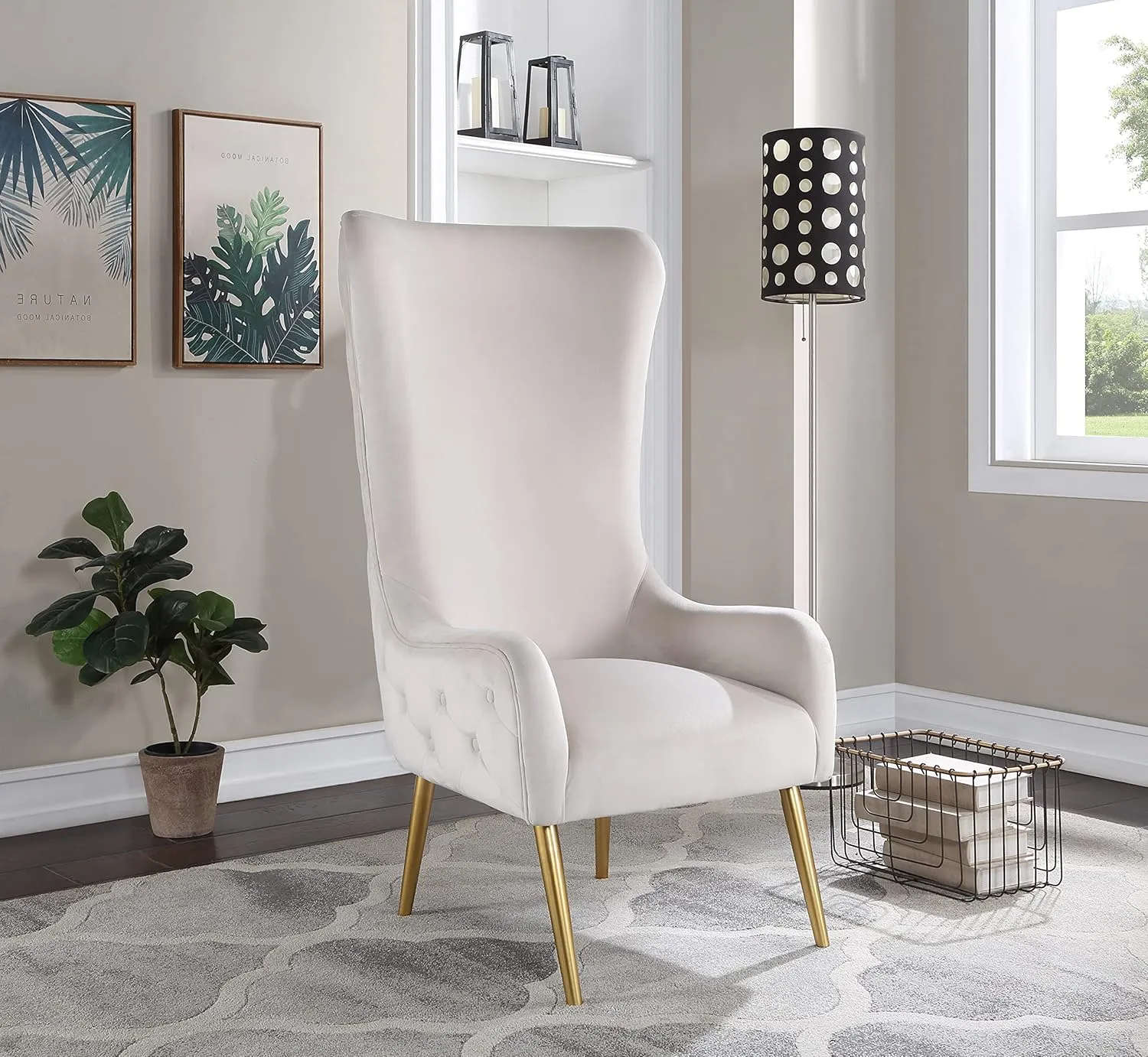 Meridian Furniture 536Cream Alexander Collection Modern | Contemporary Velvet Upholstered Accent Chair with Sturdy Gold Metal Legs and Deep Button Tufting on Back, 27" W x 33" D x 51" H