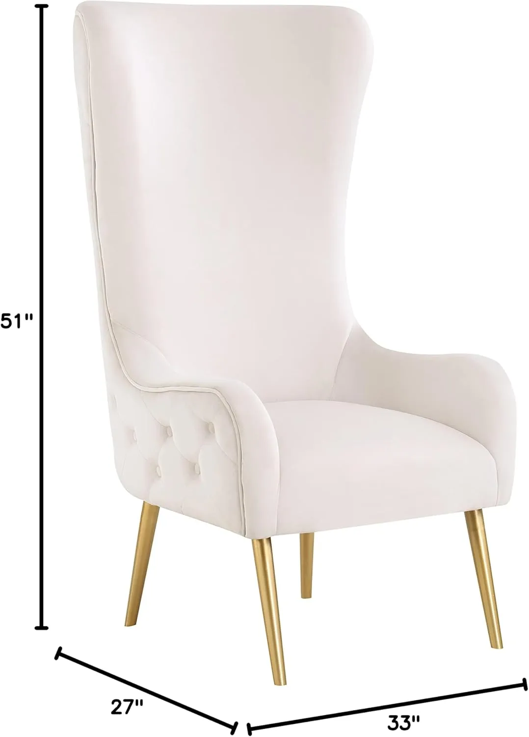 Meridian Furniture 536Cream Alexander Collection Modern | Contemporary Velvet Upholstered Accent Chair with Sturdy Gold Metal Legs and Deep Button Tufting on Back, 27" W x 33" D x 51" H