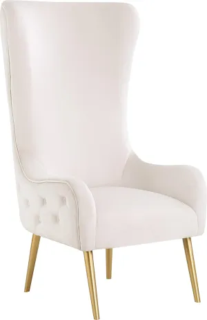 Meridian Furniture 536Cream Alexander Collection Modern | Contemporary Velvet Upholstered Accent Chair with Sturdy Gold Metal Legs and Deep Button Tufting on Back, 27" W x 33" D x 51" H