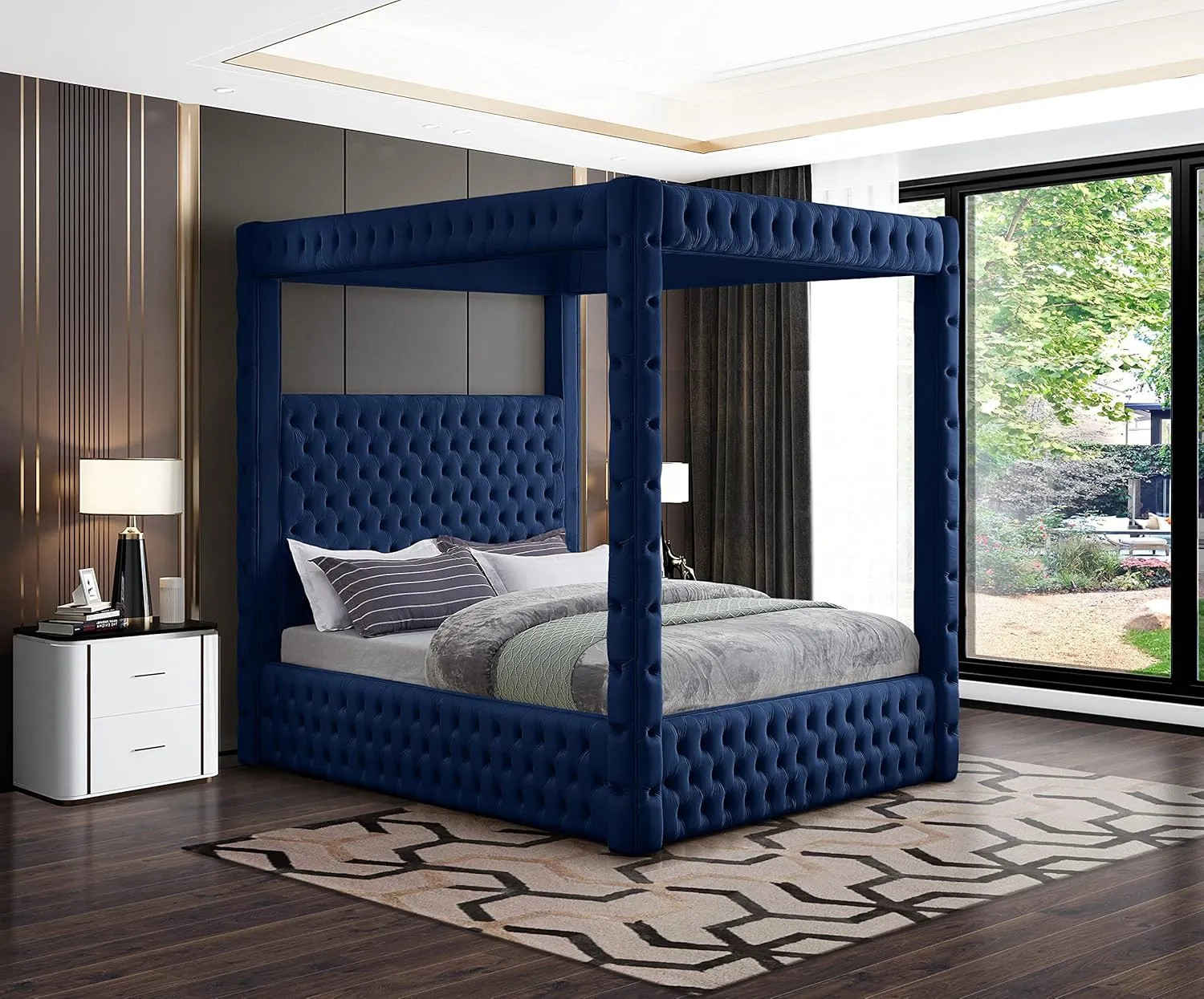 Meridian Furniture RoyalNavy-K Royal Collection Modern | Contemporary Velvet Upholstered King Bed with Soft Navy Velvet, Deep Elegant Tufting, Canopy, 86.5" W x 89" D x 87" H, Navy, King