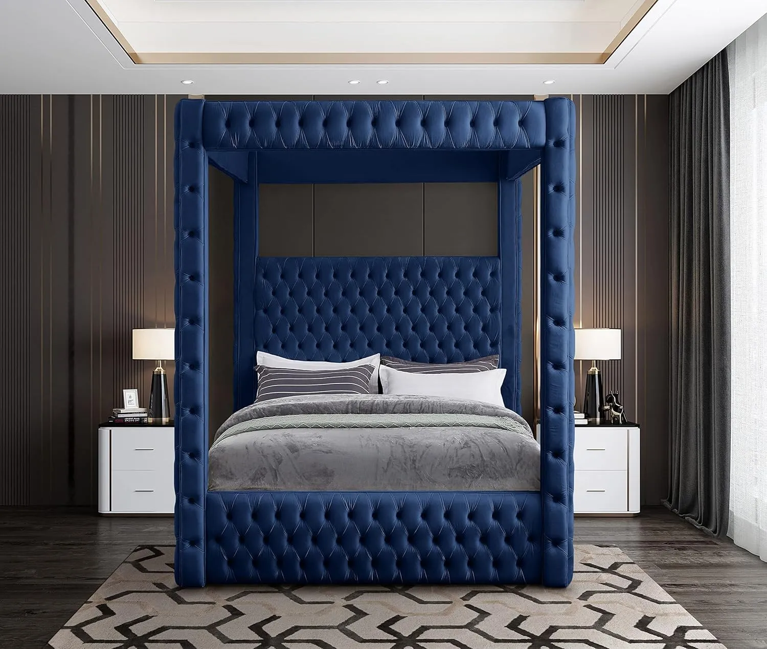Meridian Furniture RoyalNavy-K Royal Collection Modern | Contemporary Velvet Upholstered King Bed with Soft Navy Velvet, Deep Elegant Tufting, Canopy, 86.5" W x 89" D x 87" H, Navy, King