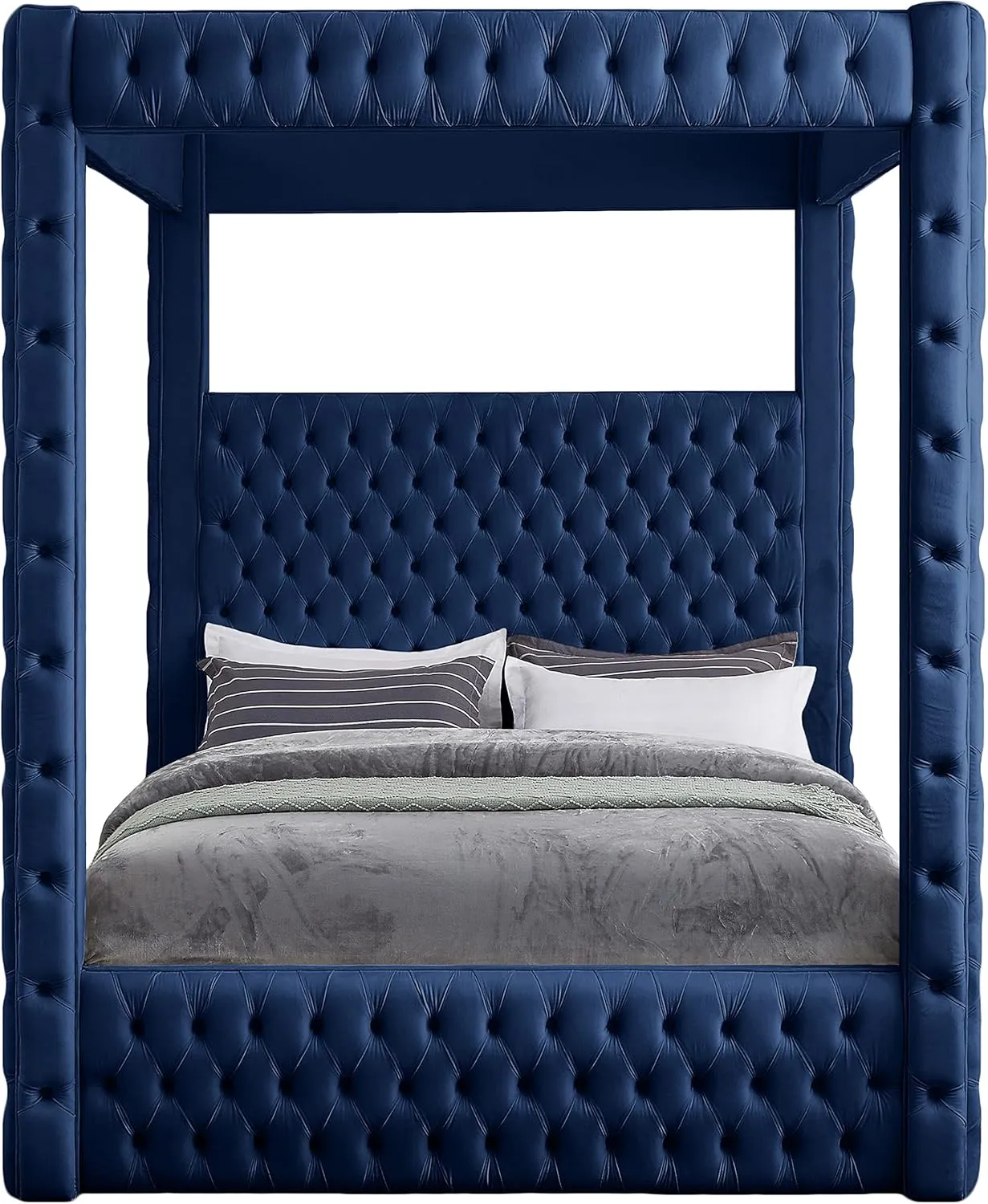 Meridian Furniture RoyalNavy-K Royal Collection Modern | Contemporary Velvet Upholstered King Bed with Soft Navy Velvet, Deep Elegant Tufting, Canopy, 86.5" W x 89" D x 87" H, Navy, King