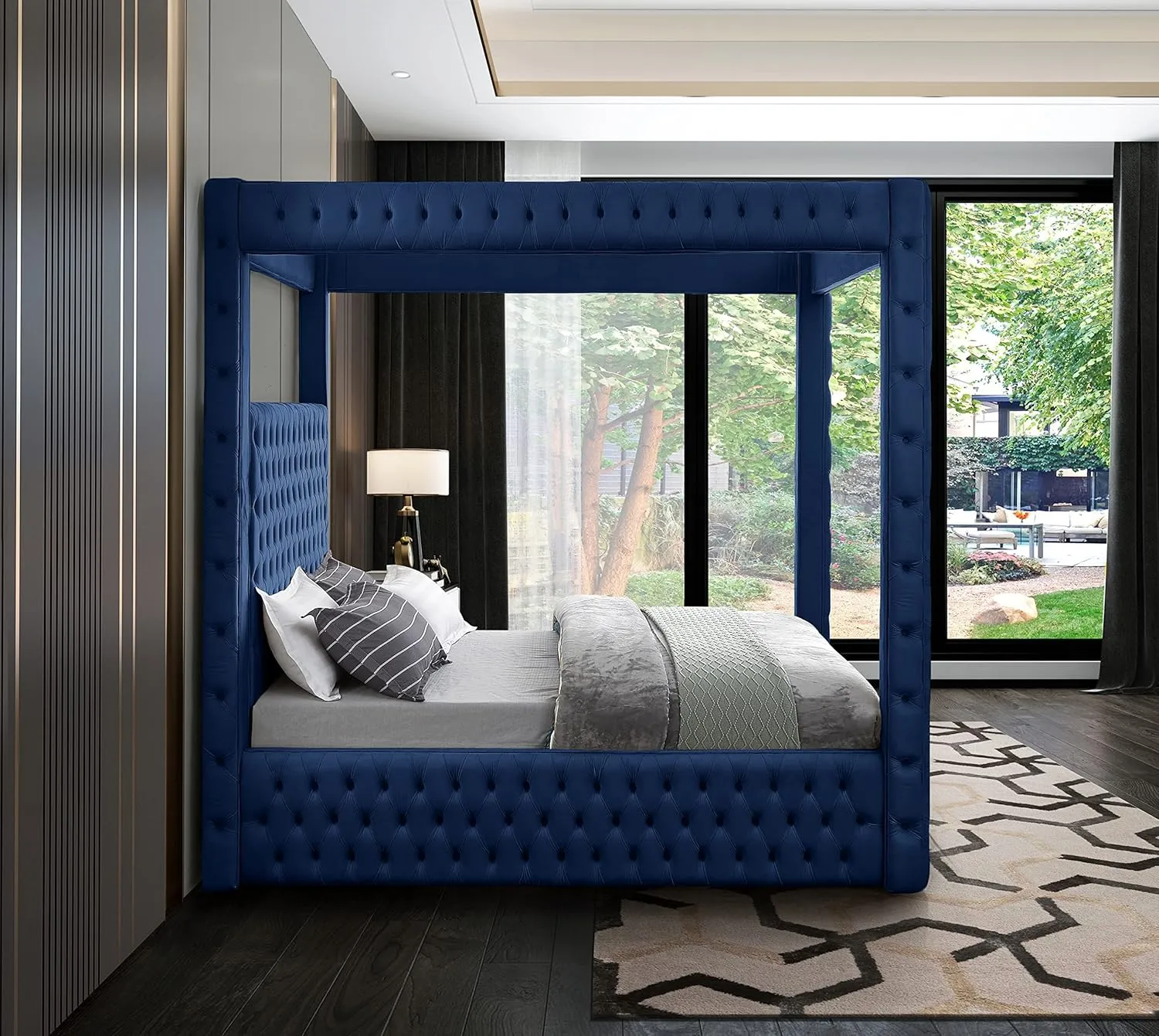 Meridian Furniture RoyalNavy-K Royal Collection Modern | Contemporary Velvet Upholstered King Bed with Soft Navy Velvet, Deep Elegant Tufting, Canopy, 86.5" W x 89" D x 87" H, Navy, King